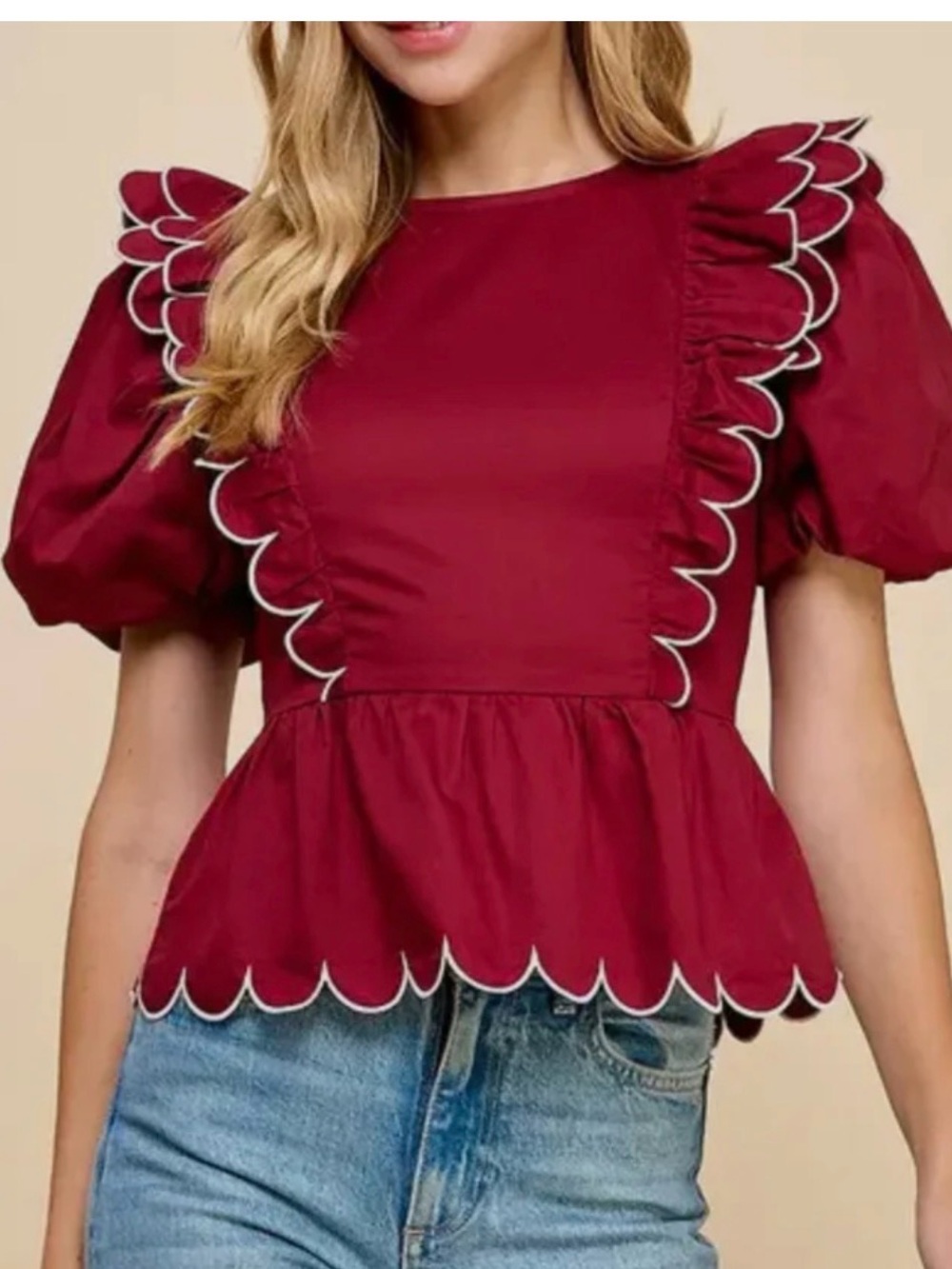 TCEC Burgundy Scalloped Puff Sleeve Peplum Top
